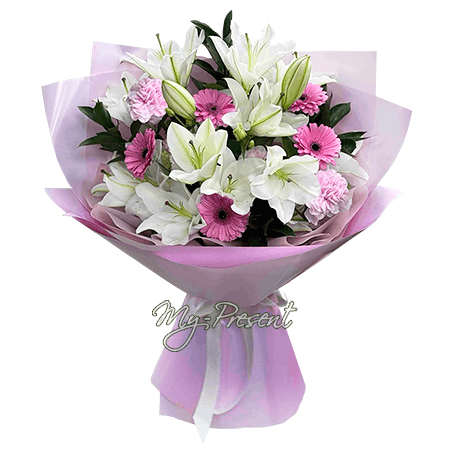 Букет из лилий, гербер и гвоздик — выразительная и гармоничная композиция