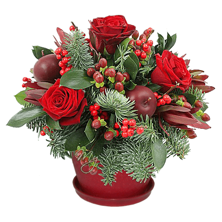 Рождественская композиция из роз и яблок - гармония зимнего праздника